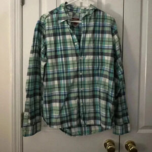 Merona Mens Large Button Up Shirt Green Blue 100% Cotton